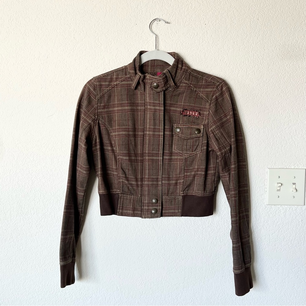 Y2K 2000s mcbling plaid cropped brown mini jacket